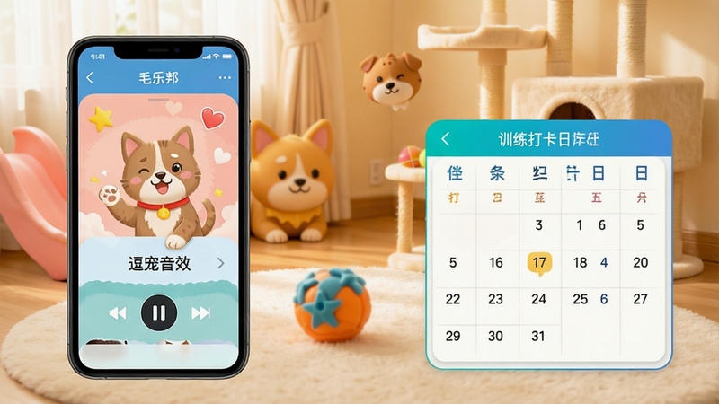 毛乐邦互动陪伴功能展示,手机屏幕显示逗宠音效播放界面与训练打卡日历,背景为温馨的宠物活动区域,有玩具球和猫爬架元素,画面活泼明快