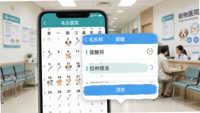 毛乐邦疫苗提醒设置界面,手机屏幕显示日历视图与提醒条目编辑弹窗,背景为宠物医院候诊区元素,画面清晰专业,突出毛乐邦软件界面