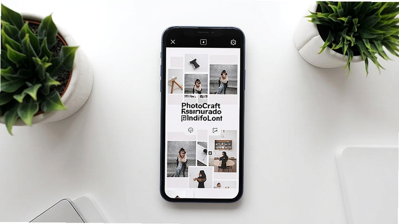 PhotoCraft 拼贴排版界面,手机屏幕中显示多张照片拼贴与文字标题排版,背景为简约白色工作台与绿植点缀,画面干净整洁,体现素材组合与文字编辑功能