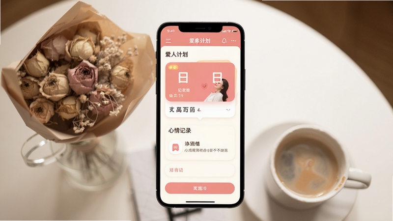 画面主体为一部竖屏手机,屏幕中显示爱人计划应用的主界面,界面以暖粉色与米白色为主色调,包含纪念日卡片与心情记录入口,背景区域为柔和的室内桌面环境,摆放着一束干花与一杯咖啡,整体风格温馨清新,光线柔和自然,构图居中,适配移动应用展示场景