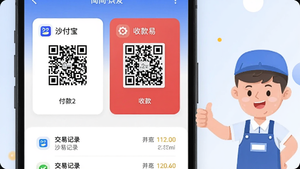 一部手机屏幕特写,屏幕上同时展示“沙付宝”付款二维码和收款二维码两个卡片,卡片下方有交易记录列表,背景为柔和的蓝白配色,画面右侧有一个卡通店主形象竖起大拇指,整体风格扁平插画,布局左右分栏,细节清晰,画质干净
