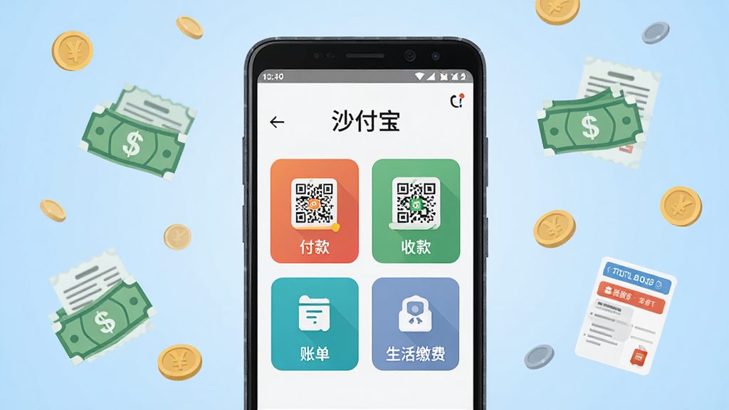 画面中央放置一部安卓手机,手机屏幕显示“沙付宝”应用主界面,界面包含付款码、收款码、账单、生活缴费四个大图标按钮,背景为浅蓝色渐变,四周漂浮着硬币、账单、水电缴费单等扁平化小元素,整体布局居中对称,风格清爽现代,细节干净利落,画质清晰,无多余杂乱元素