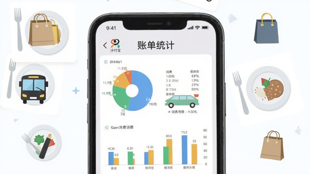 手机屏幕显示“沙付宝”账单统计页面,页面中有饼状图和柱状图展示不同消费类别占比,图表配色为蓝绿橙三色,屏幕周围环绕着购物袋、公交车、餐盘等小图标,画面风格为扁平化信息图,布局居中,细节干净,画质清晰