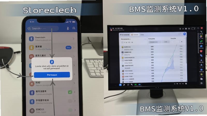 一张分屏对比示意图,左侧为手机屏幕显示蓝牙搜索列表与权限弹窗,右侧为电脑模拟器界面展示数据面板,背景为浅色办公桌面,整体风格为教程说明图,标注清晰,画面角落带有BMS监测系统V1.0字样