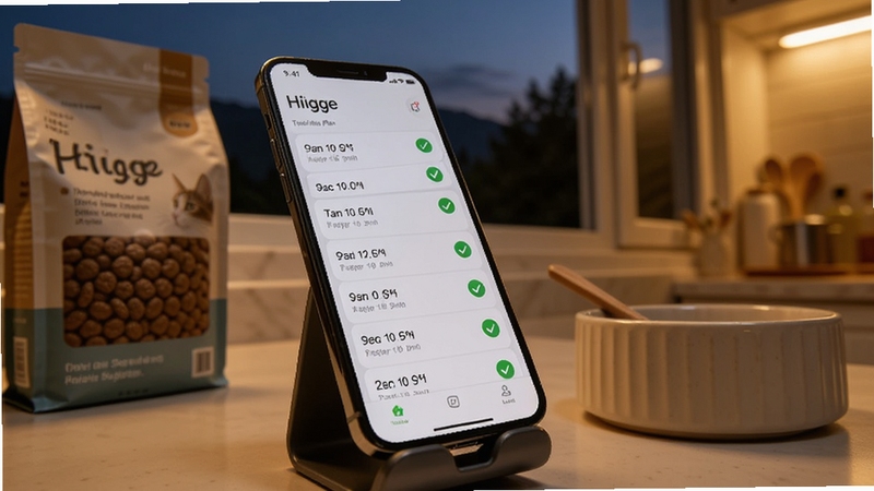 一部手机斜放在桌面支架上,屏幕显示Hiigge的定时喂食计划列表,多个时间节点以绿色对勾标记完成;背景是傍晚的厨房台面,暖黄灯光,旁边放着一袋猫粮与陶瓷碗,画面干净写实,突出远程管理的便捷感