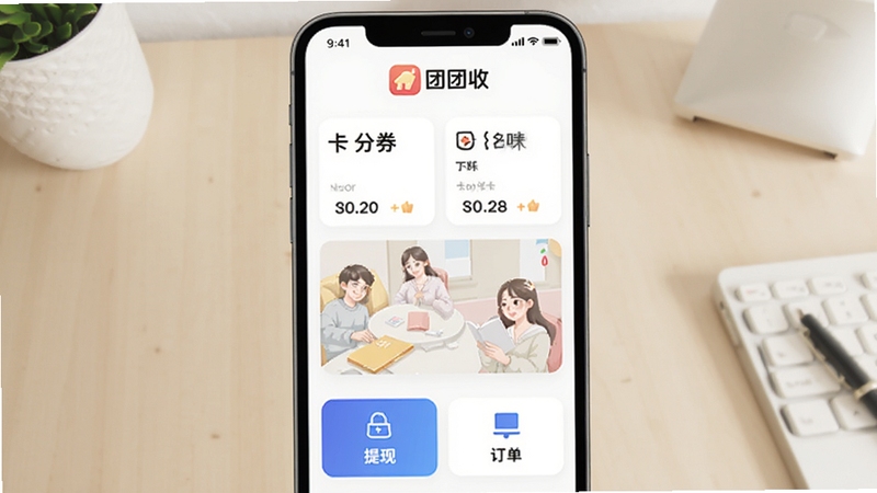 团团收应用主界面全貌展示,画面中央是手机屏幕中的卡券回收首页,上方为软件名称团团收标识,中部为卡券分类卡片与回收折扣展示,下方为提现与订单入口,背景为简洁的浅色桌面环境,整体风格清爽扁平,适配Boogu模型生成
