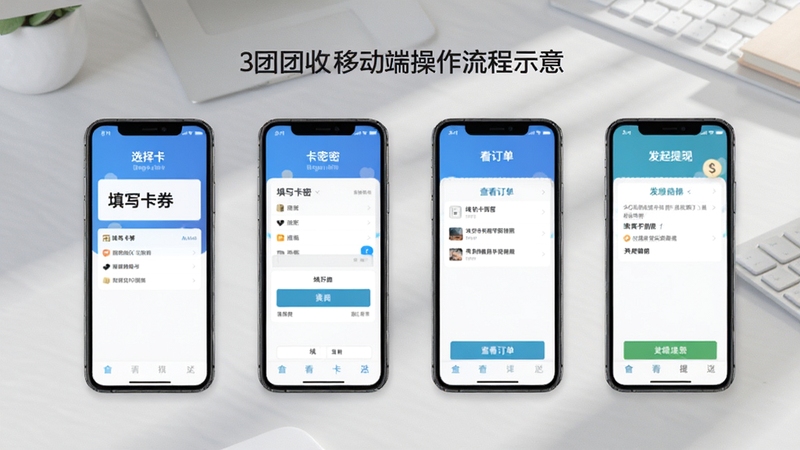 团团收移动端操作流程示意,画面为手机屏幕分步展示选择卡券、填写卡密、查看订单、发起提现四个界面,界面元素清晰,背景为浅灰桌面与柔和光影,整体呈现教程风格的移动端操作演示图