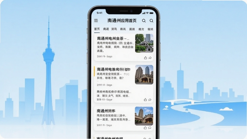 南通州应用首页界面展示,画面主体为一部竖屏智能手机居中放置,屏幕内呈现资讯卡片列表与顶部导航栏,背景为浅蓝色渐变城市剪影,包含南通州电视塔与濠河轮廓元素,整体风格清新简洁,适配Boogu模型生成