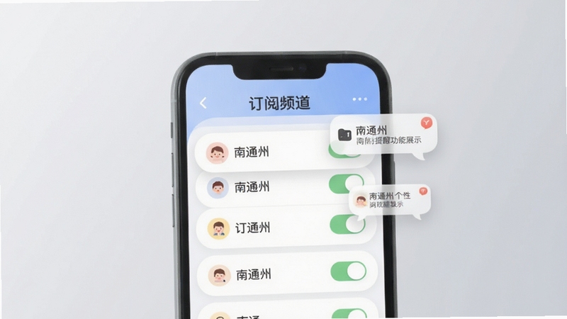 南通州个性化订阅提醒功能展示,画面主体为手机屏幕内订阅频道开关列表与通知气泡,背景为柔和浅灰色渐变,界面元素圆角处理,整体风格温和友好,适配Boogu模型生成