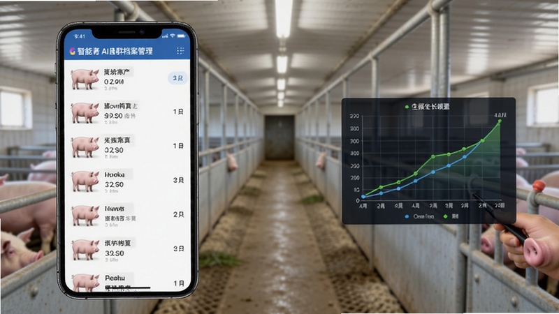 智慧猪AI猪群档案管理界面,手机屏幕显示猪只列表与生长曲线图表,背景为整洁的猪舍走廊,光线明亮,写实风格,突出数据可视化元素