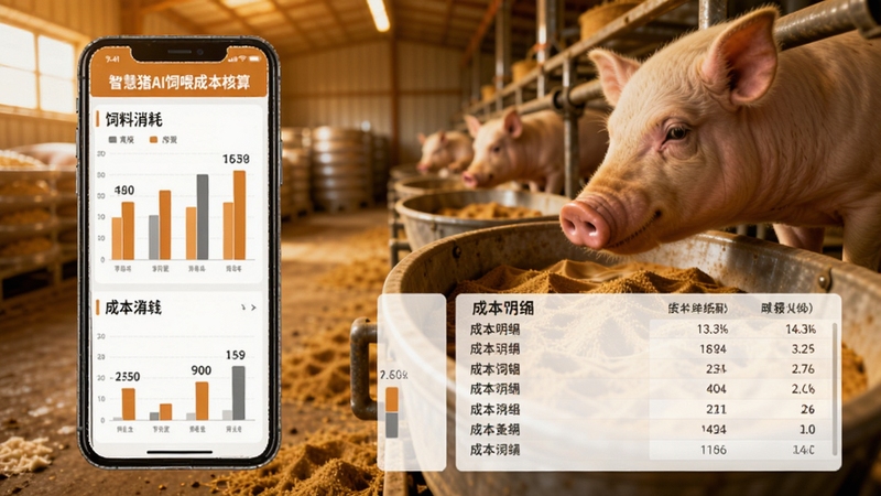 智慧猪AI饲喂成本核算页面,手机屏幕呈现饲料消耗柱状图与成本明细表,背景为饲料仓库与料槽特写,暖色调,突出数据对比