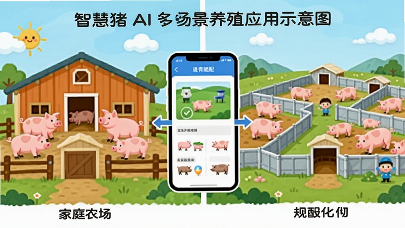 智慧猪AI多场景养殖应用示意图,画面左侧为家庭农场猪舍,右侧为规模化猪场全景,中间以手机屏幕连接,展示软件在不同规模场景下的适配性,扁平化插画风格,色彩明快