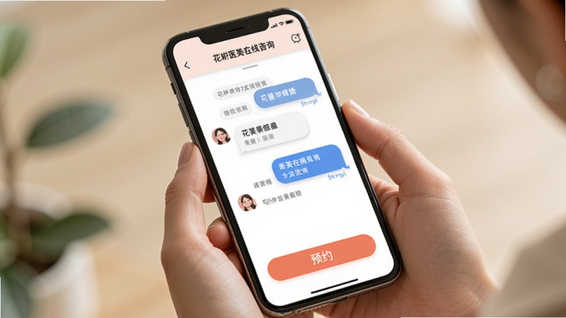 花瓣医美在线咨询界面,手机屏幕显示对话框与预约按钮,背景为柔和米色,画面主体为手持手机的特写,光线自然,整体氛围轻松友好