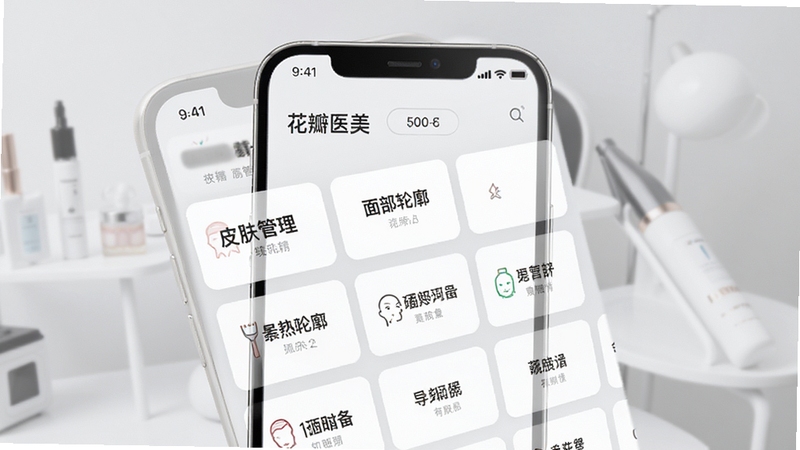 花瓣医美应用内项目科普页面展示,清爽白色卡片式布局,手机屏幕上排列皮肤管理、面部轮廓等分类标签,背景为浅灰色渐变,整体风格简洁专业,画面主体为手机界面特写,背景虚化处理