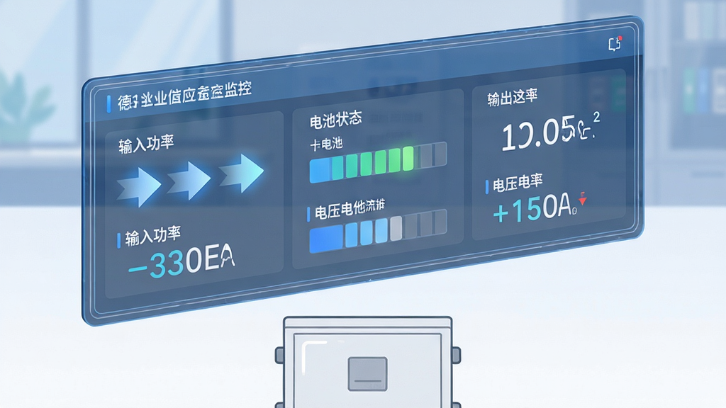 主体为一块悬浮的透明数据面板,面板上显示德业储能应用的实时监控界面,包含功率流向箭头、电池电量条和电压电流数字;布局为面板斜置于画面上方,下方为家庭储能机柜的简化轮廓;排版上面板信息分三栏排列,左中右分别为输入功率、电池状态、输出功率;风格为扁平化科技插画风;细节上数字与箭头带有柔和光晕,面板边缘有细线描边,整体色调为蓝白灰;画质清晰,画面干净,无多余元素