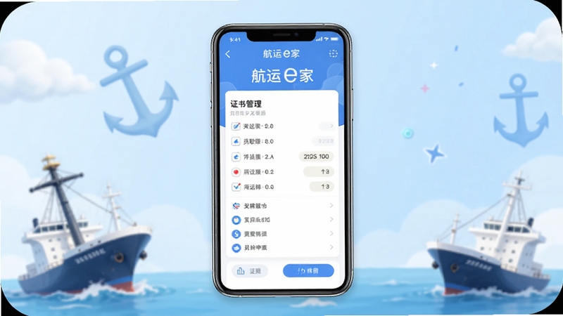 航运e家 手机应用界面展示图,画面主体为一部竖屏智能手机居中放置,屏幕内呈现航运e家船员求职与证书管理界面,背景为浅蓝色渐变与航海元素点缀,整体风格清爽简约,适配Boogu模型生成