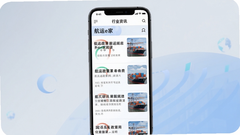 航运e家 行业资讯阅读页面,手机屏幕呈现航运政策新闻列表与配图,背景为柔和浅灰与蓝色调,画面简洁现代,体现信息聚合与阅读场景