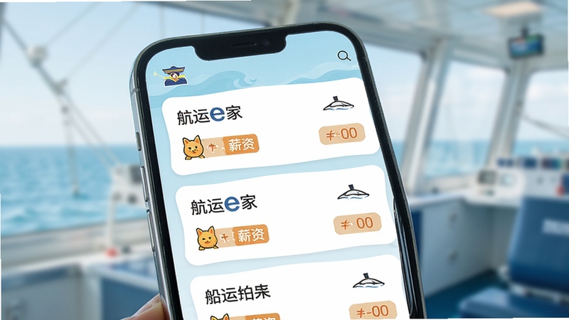 航运e家 船员求职岗位列表页面,手机屏幕内展示多条船员招聘信息卡片,包含职务名称与薪资标签,背景为淡雅海洋蓝,画面干净明亮,突出移动端操作场景