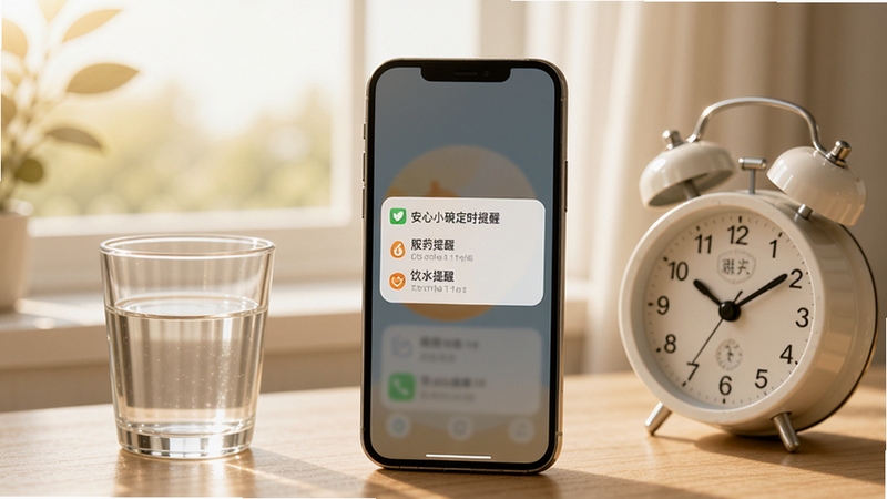 ����С�붨ʱ�����뱸�����ܳ���ͼ����������չʾ�ֻ���Ļ�����º͵�����֪ͨ��Ƭ����Ƭ����ʾ��ҩ��������ˮ�����������ֻ��Է���һ����ˮ��һ����Լ���ӣ�����Ϊ�峿���ߵ���͹�Ӱ�������Χ�������ʣ����ְ���С�������������ѡ��ػ��ճ��Ĳ�Ʒ����
