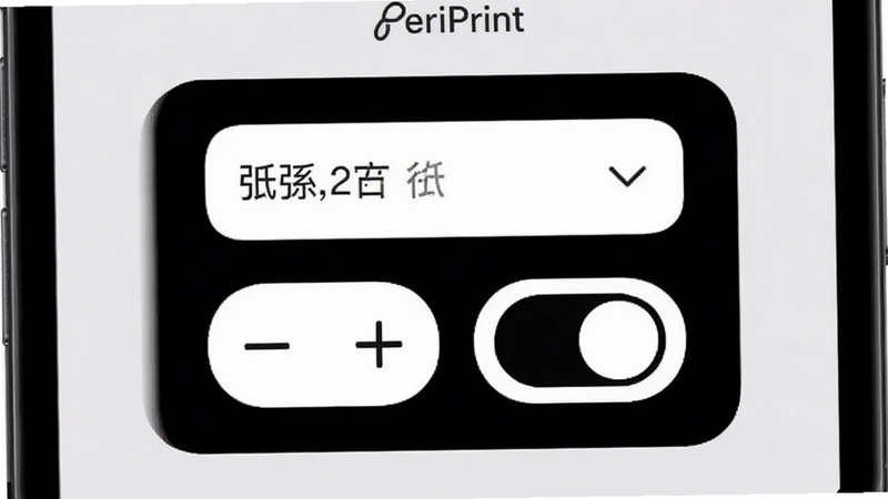 �ֻ�������дչʾPeriPrint��ӡ������壬����ֽ�Ŵ�С�����򡢷����Ӽ���ť���ڰ����ɫ�л����أ�����Ԫ�ز���Բ�ǿ�Ƭ��ƣ�����Ϊ����ɫ�������Ӿ��ɾ�����