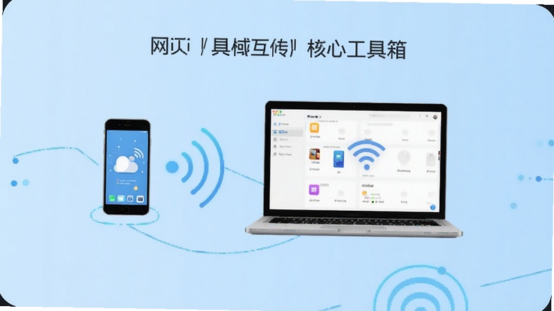 一张展示WiFi文件传输网页工具箱核心界面的科技感图片,画面中央是手机与笔记本电脑通过无线信号连接的示意图,背景为简洁的浅蓝色渐变,突出局域网文件互传的便捷性