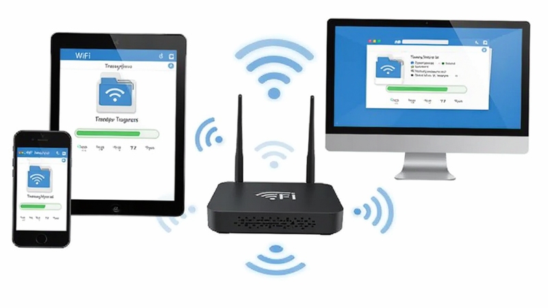 WiFi文件传输网页工具箱在局域网内多设备互联的场景图,手机、平板、电脑通过无线信号围绕中心路由器排列,界面显示文件传输进度条,风格简洁明亮