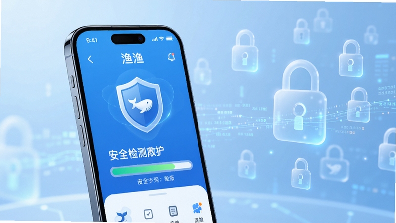 整体画面以浅蓝色科技感为背景,画面中央偏左位置放置一部智能手机,屏幕显示鲸渔应用主界面,界面中有盾牌图标与安全检测进度条,右侧背景区域漂浮半透明的锁形图标和数据流线条,整体风格简洁清爽,突出安全防护主题,画面比例16比9,高清质感