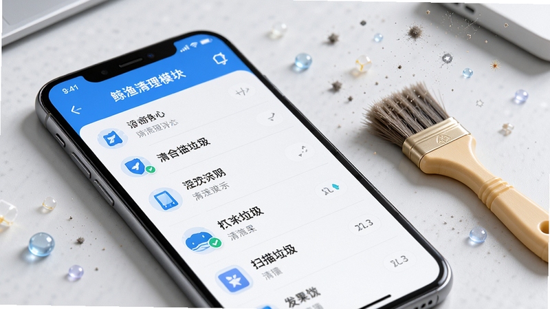 画面展示一部手机屏幕特写,屏幕中显示鲸渔清理模块的扫描结果列表,界面干净整洁,背景为浅灰色桌面环境,旁边放置一把小刷子和几片飘落的灰尘粒子作为装饰元素,整体色调明亮清新,突出清理垃圾的主题,画面细节丰富,适合下载站配图使用