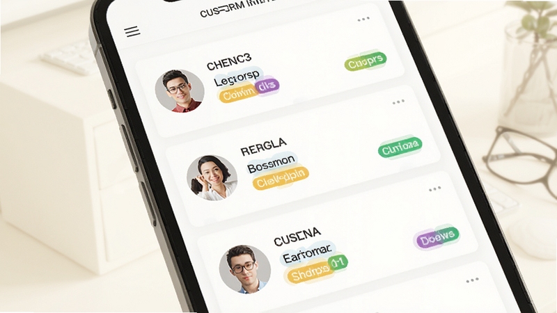 �ɸ�CRM�ͻ�����������д���ֻ���Ļ��ʾ����Ŀͻ���Ƭ�б���ÿ�ſ�Ƭ����ͷ���������ǩɫ�飬����Ϊ����װ�ɫ�칫����������ɾ����������ֿͻ����ϼ��й����ĸ�Ч��
