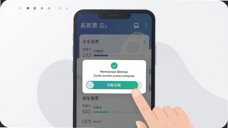 买高铁票应用在安卓手机上的安装与使用场景插画,画面展示手机屏幕弹出权限允许对话框和车次加载进度条,旁边有手指点击操作示意,背景为柔和的浅灰色,风格扁平化