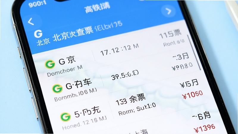 买高铁票软件车次查询界面特写,手机屏幕显示从北京到上海的高铁列表,包含G字头车次、发车时间、余票张数和票价,背景为干净的白色与淡蓝色调,画面清晰明亮