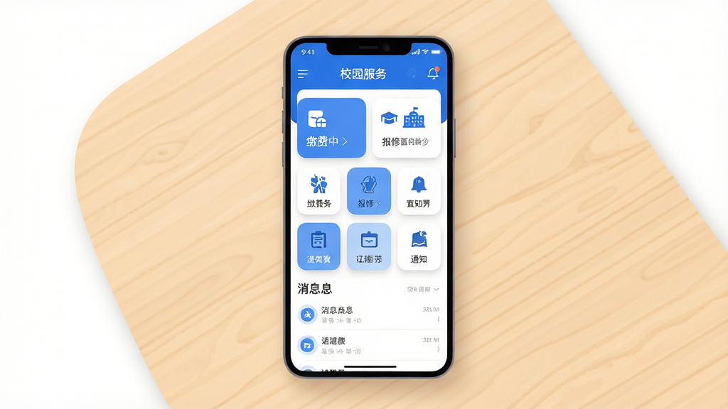 主体为一台竖屏安卓手机居中放置在浅色木质桌面,手机屏幕上显示蓝白色调的校园服务应用首页界面,包含缴费、报修、通知等卡片式功能入口,布局采用上下分层结构,上方为顶部导航栏,中部为功能宫格,下方为消息列表,排版整齐留白充足,风格为现代简约扁平化插画,细节包含柔和阴影、圆角卡片、细腻的图标线条,画质清晰干净,画面无多余装饰元素,背景纯净