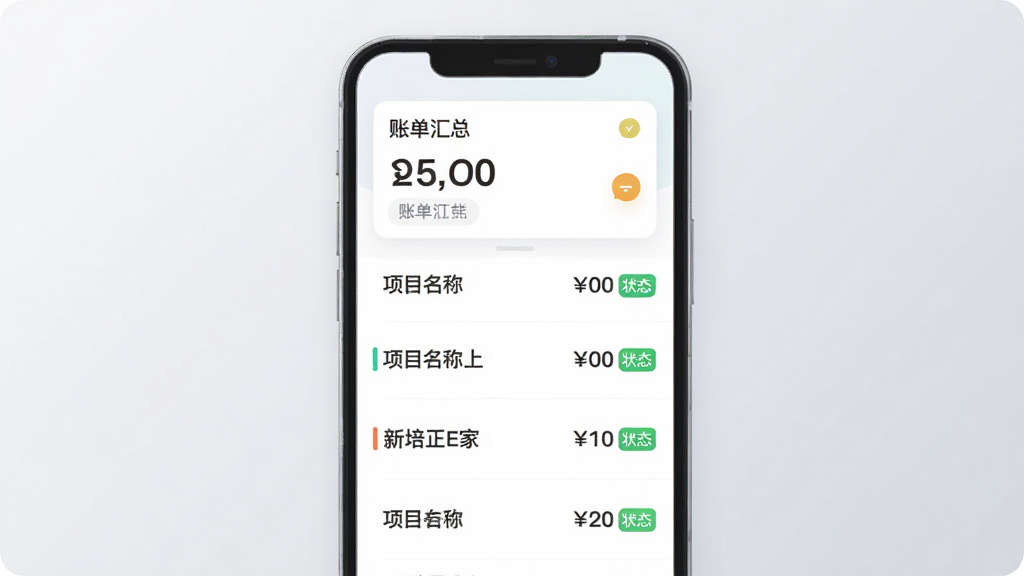 主体为一部手机屏幕显示缴费清单页面,屏幕上方有账单汇总卡片,下方为逐条缴费项目列表,每条包含项目名称、金额与状态标签,布局为纵向列表排版,风格为清爽浅色系UI界面插画,细节包含数字清晰、状态徽章配色区分明显、背景为浅灰渐变,画质干净无杂乱元素,画面中屏幕内文字标注“新培正E家”