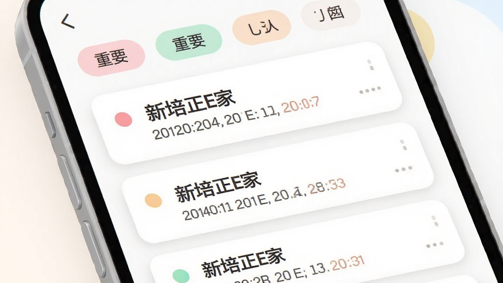 主体为手机屏幕呈现通知公告列表界面,顶部有分类筛选标签,中部为按时间排序的通知卡片,每条卡片左侧有彩色圆点标识重要程度,布局为纵向滚动列表,风格为柔和圆角卡片式设计插画,细节包含卡片阴影、标签配色柔和、文字层级分明,画质清晰干净,画面中卡片内标注“新培正E家”