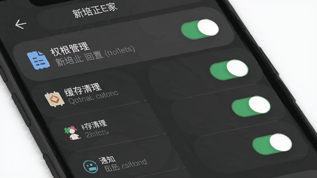 主体为手机屏幕显示应用设置页面,包含权限管理、缓存清理、通知开关等选项列表,布局为分组式纵向排列,风格为深灰质感简约界面插画,细节包含开关控件、图标简洁、文字清晰,画质干净无多余元素,画面中设置项标注“新培正E家”