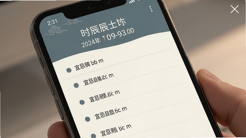 什么时辰软件时辰详情页面展示,手机屏幕呈现宜忌条目列表,每条前面带有小圆点标记,页面顶部显示时辰名称与时间段,整体布局疏朗,配色以青灰与暖白为主