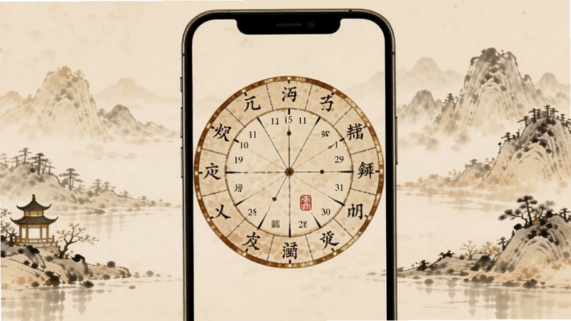 什么时辰软件主界面全貌展示,画面中央为手机屏幕呈现十二时辰圆形表盘,表盘上分布子丑寅卯等时辰刻度,背景为淡雅水墨风格的山水轮廓,整体色调温润古朴,适配Boogu模型生成