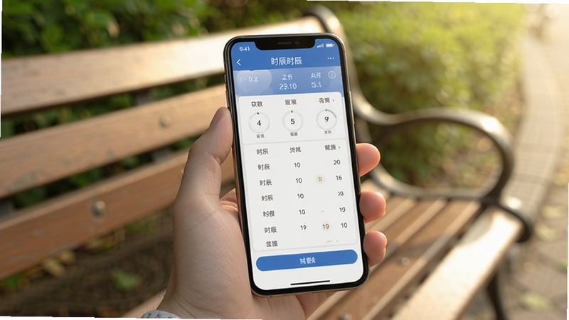 什么时辰软件离线查询场景展示,画面为一只手握持手机,手机屏幕显示时辰查询结果,背景为虚化的户外公园长椅与绿植,阳光柔和,体现随时随地方便查阅的氛围