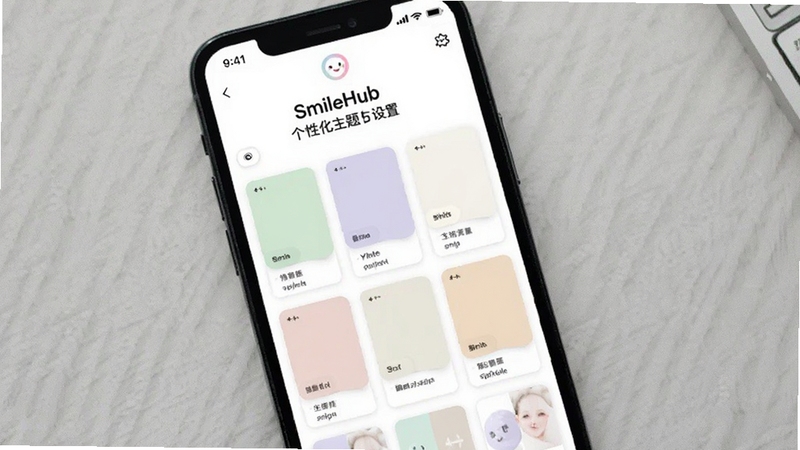 SmileHub 个性化主题设置页面,手机屏幕展示多款配色方案缩略图,包含浅绿、淡紫、米白等柔和色调,背景为浅灰纹理桌面,画面清新雅致,体现主题切换功能