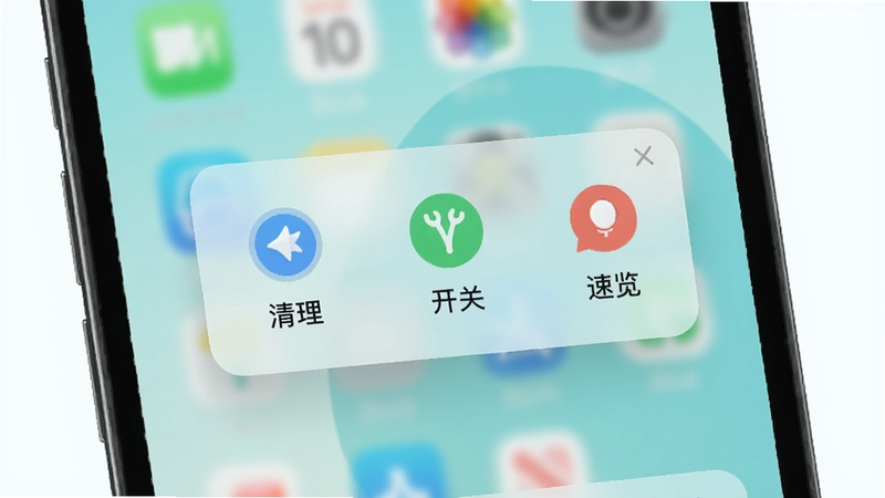 SmileHub 快捷面板界面,手机屏幕中央悬浮半透明功能卡片,卡片上排列清理、开关、速览等图标,背景为淡青色柔光渐变,UI 简洁现代,突出多合一整合概念