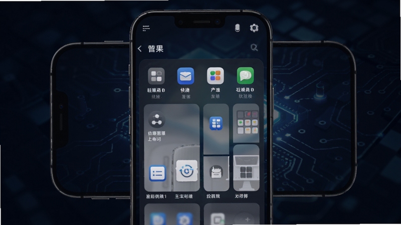 App Menu软件主界面展示,手机屏幕中央呈现清晰的菜单管理面板,背景为深色渐变科技风格,画面明亮整洁,突出快捷菜单图标与自定义布局功能,适配Boogu模型生成