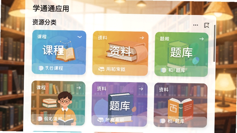画面主体为学通应用内的资源分类页面,多个彩色卡片整齐排列,标注课程、资料、题库等分类标签,背景为虚化的图书馆书架,暖色调灯光,扁平化插画风格,体现资源聚合的便捷感