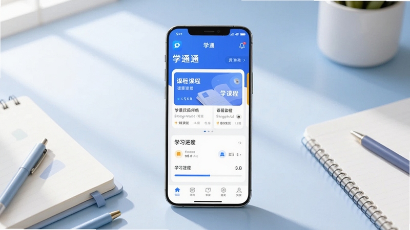 整体画面以一部竖屏安卓手机为中心,屏幕中展示学通应用首页界面,包含课程卡片与学习进度条,背景为浅蓝色渐变书桌场景,桌面摆放笔记本与文具,柔和自然光从左上角照射,风格简洁清新,突出学通品牌标识