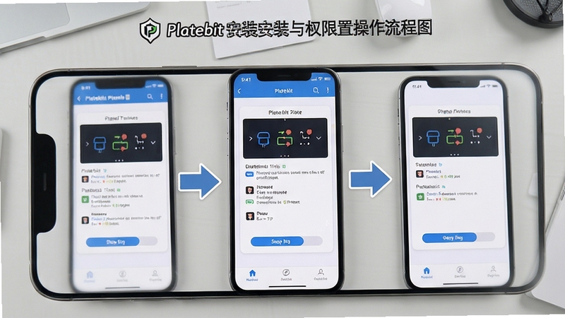 Platebit安装与权限设置操作流程图,画面主体为手机屏幕分步操作示意,背景为浅灰桌面环境,步骤箭头清晰,整体风格简洁教学化,突出新手引导氛围