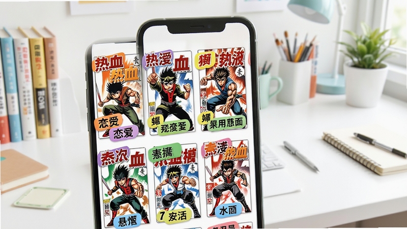 漫画书架分组标签管理界面,手机屏幕展示带有彩色标签的漫画封面网格,标签包括热血恋爱悬疑等字样,背景为明亮整洁的书桌环境,整体风格清新明快