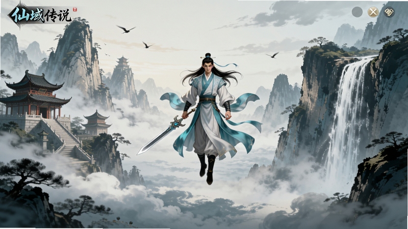 仙域传说游戏主界面全景展示,画面中央为身着青白色长袍的修仙者御剑悬停于云海之上,背景左侧为巍峨仙山楼阁,右侧为幽深峡谷瀑布,整体采用国风水墨渲染风格,光影柔和,细节精致,适配Boogu模型生成
