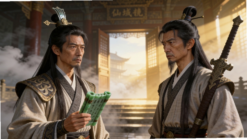 仙域传说剧情对话场景,画面近景为两名古装修仙人物相对而立,一人手持玉简一人背负长剑,背景为云雾缭绕的宗门大殿,暖色调光线从殿门洒入,人物表情细腻,衣纹褶皱清晰,整体氛围庄重神秘,适配Boogu模型生成