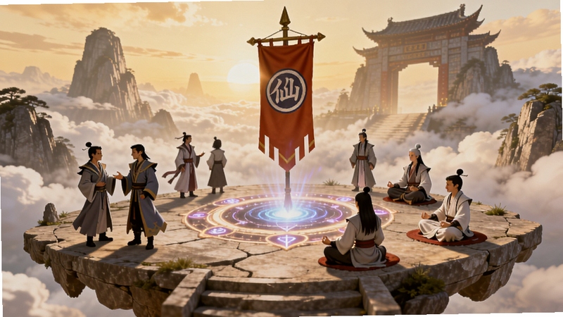 仙域传说宗门场景,画面为多位修仙者聚集于悬浮石台之上,中央有宗门旗帜与传送法阵,背景为层叠云海与巨型山门,人物姿态各异,有的交谈有的打坐,整体色调明亮温暖,适配Boogu模型生成