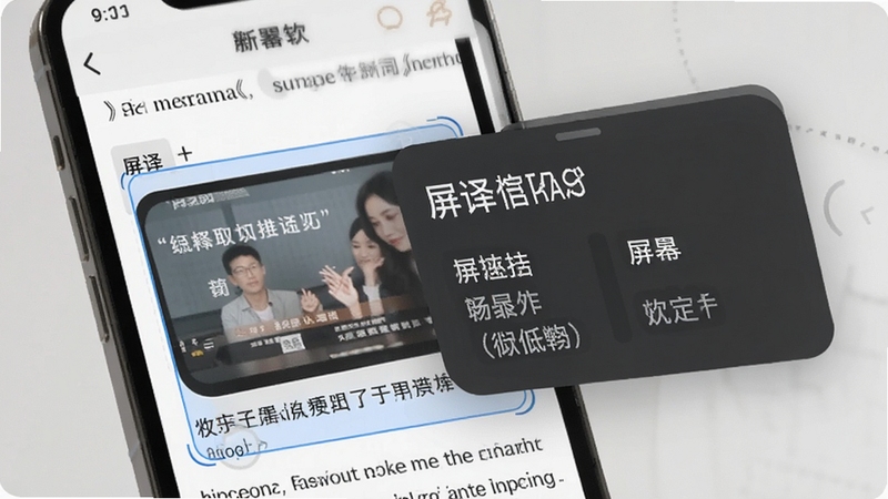 屏译屏幕取词翻译场景,手机界面中外文新闻页面被框选,悬浮窗显示识别到的文字与中文翻译对照,画面采用柔和光线与清晰图层分层,突出软件名称屏译