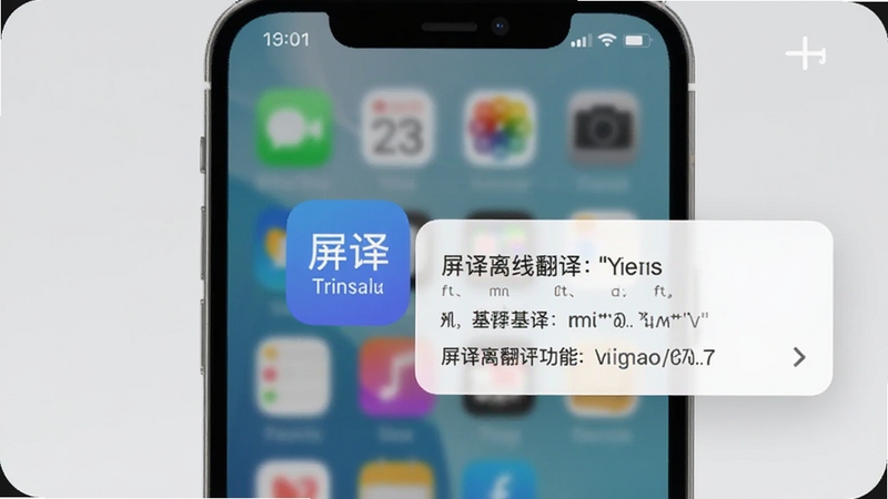 屏译离线翻译功能示意,手机处于飞行模式界面,悬浮窗仍能显示基础词汇翻译结果,背景为简约灰白配色,画面中心突出屏译软件图标与翻译浮层